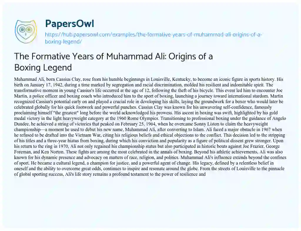 Essay on The Formative Years of Muhammad Ali: Origins of a Boxing Legend