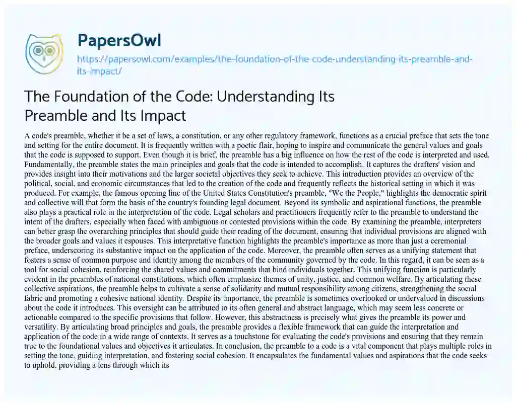 Essay on The Foundation of the Code: Understanding Its Preamble and Its Impact