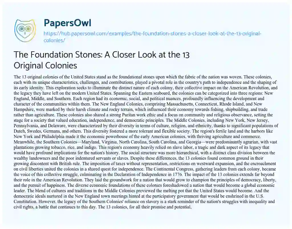 Essay on The Foundation Stones: A Closer Look at the 13 Original Colonies