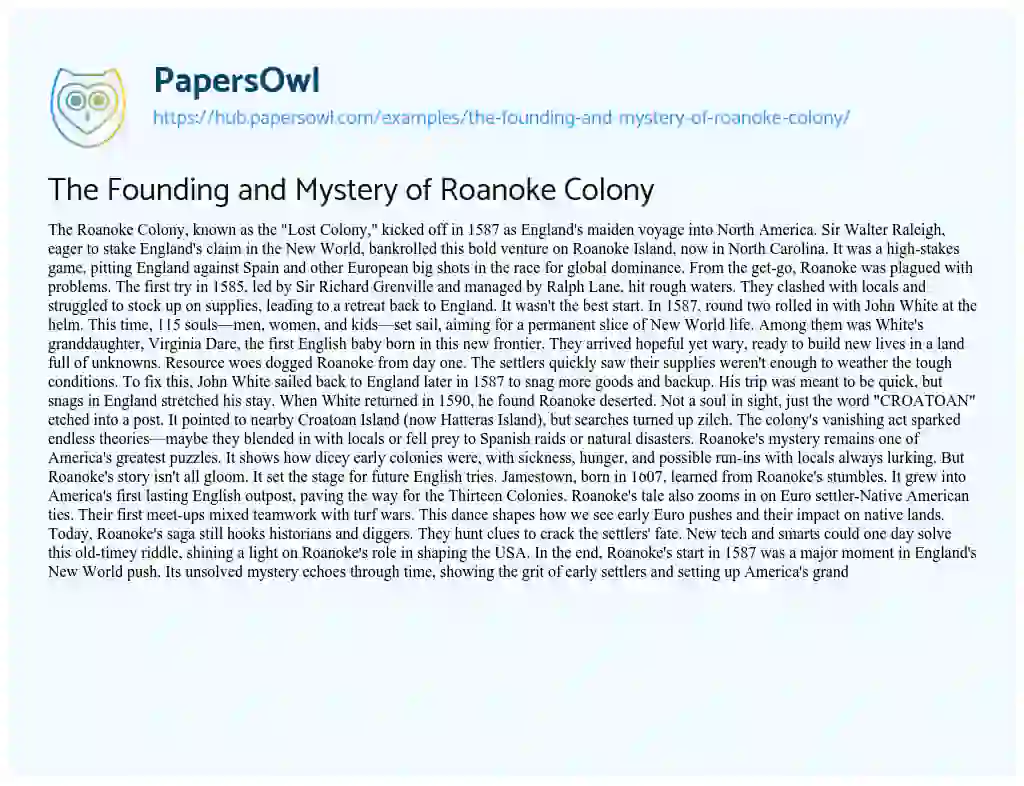 Essay on The Founding and Mystery of Roanoke Colony