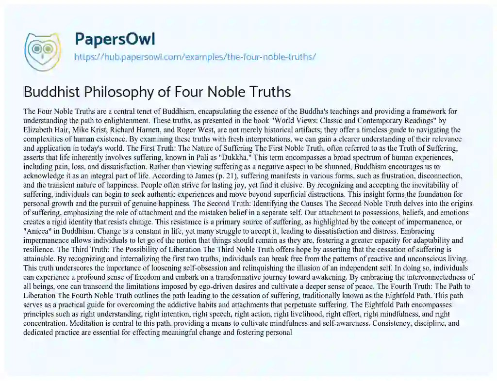 Essay on Buddhist Philosophy of Four Noble Truths