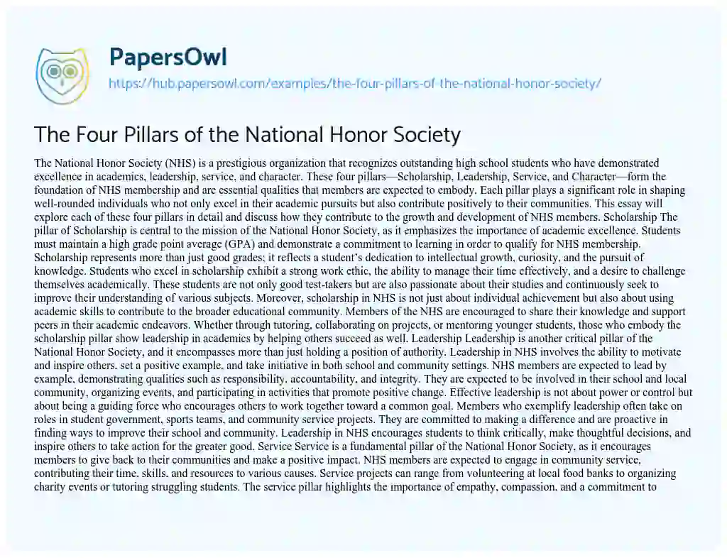Essay on The Four Pillars of the National Honor Society