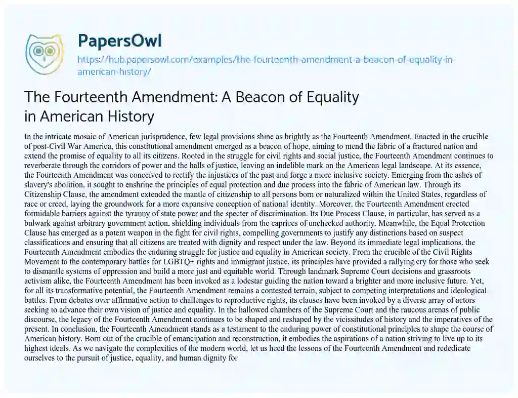 Essay on The Fourteenth Amendment: A Beacon of Equality in American History