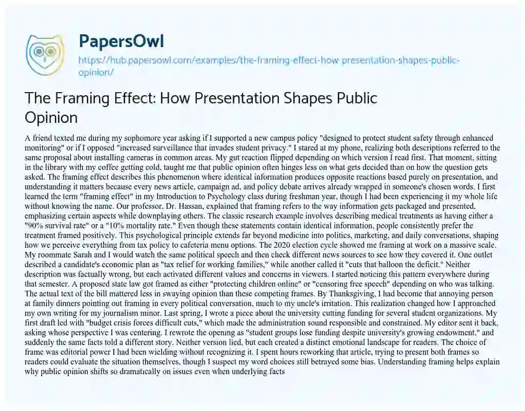 Essay on The Framing Effect: How Presentation Shapes Public Opinion