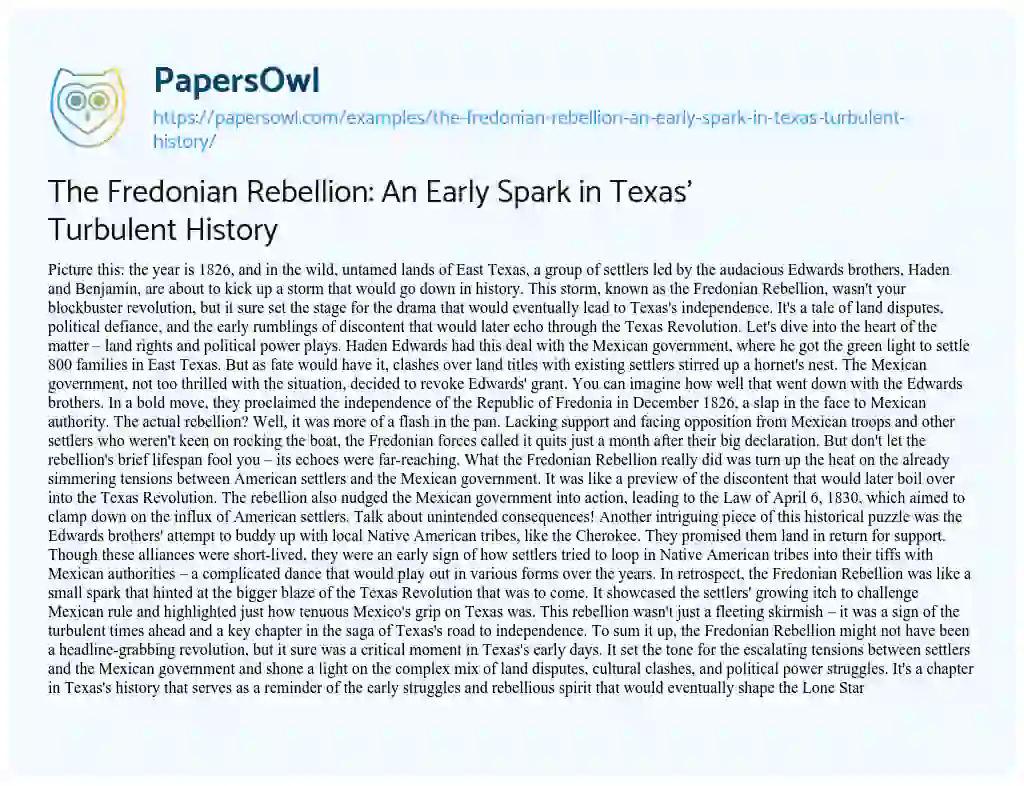 Essay on The Fredonian Rebellion: An Early Spark in Texas’ Turbulent History