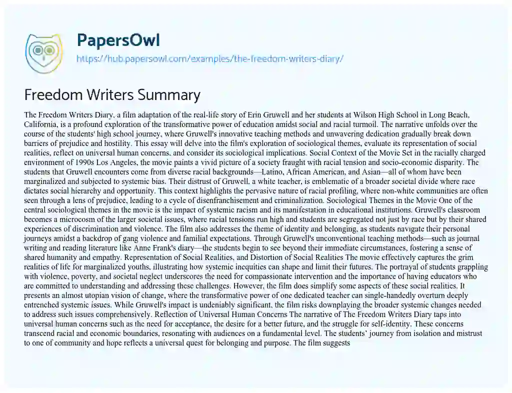 Essay on Freedom Writers Summary