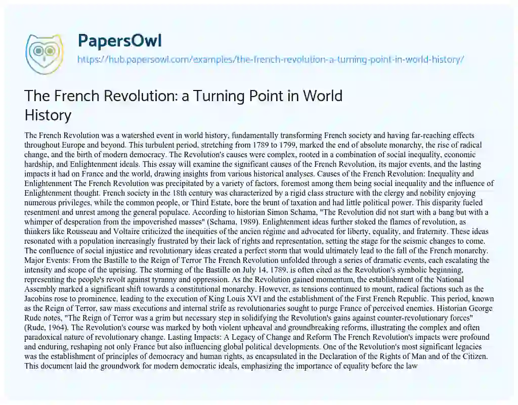 Essay on The French Revolution: a Turning Point in World History