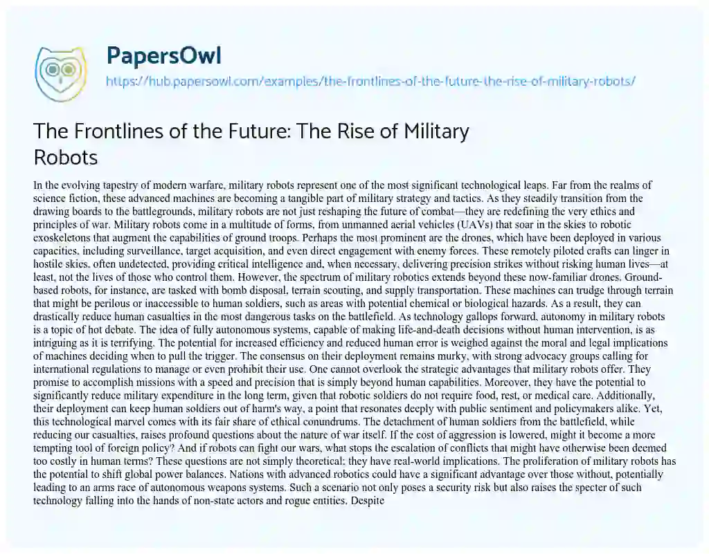Essay on The Frontlines of the Future: The Rise of Military Robots