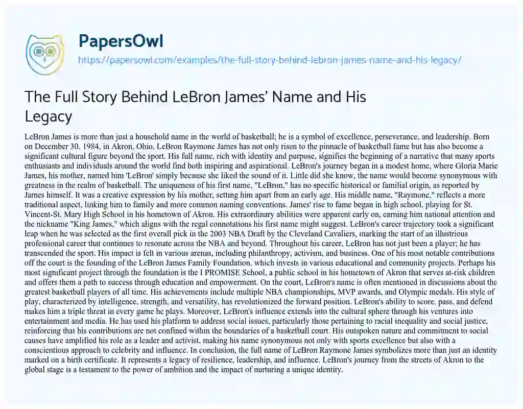 Essay on The Full Story Behind LeBron James’ Name and His Legacy