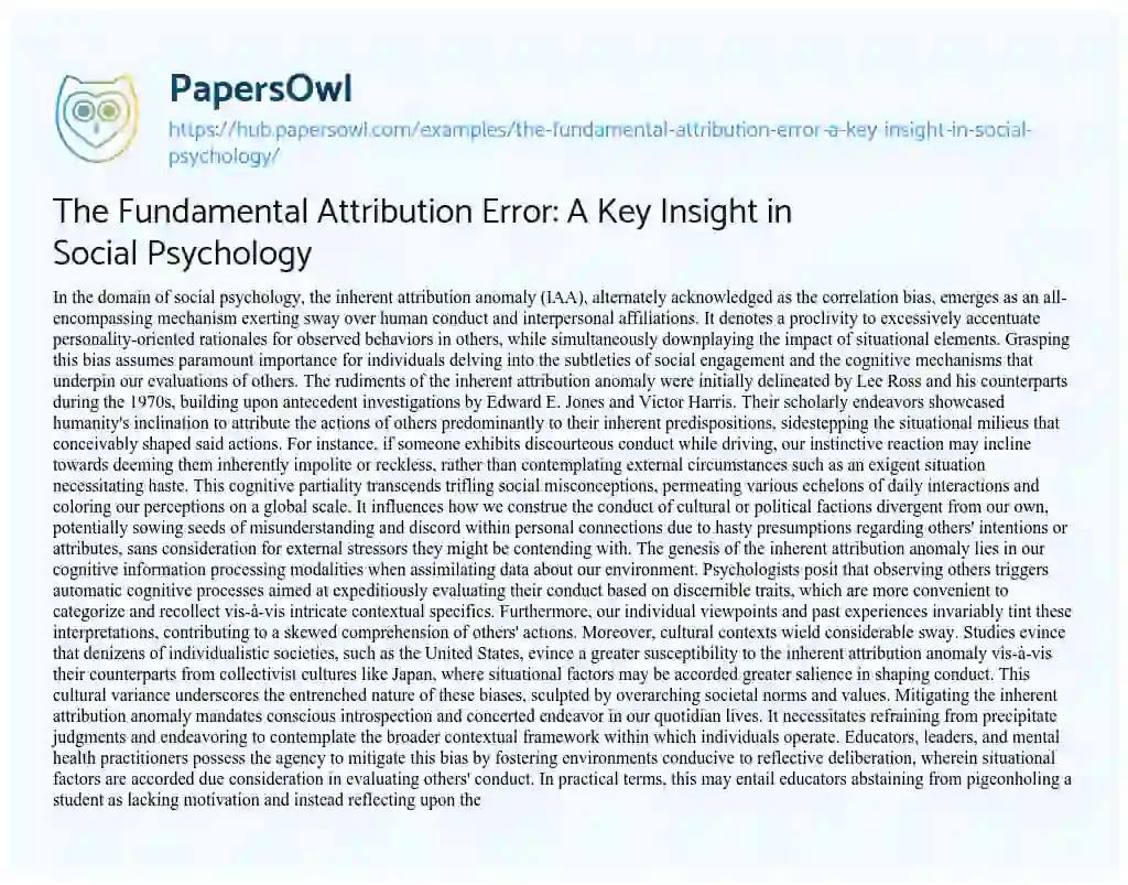 Essay on The Fundamental Attribution Error: A Key Insight in Social Psychology