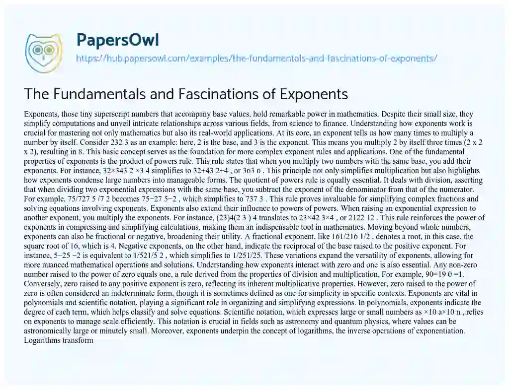 Essay on The Fundamentals and Fascinations of Exponents