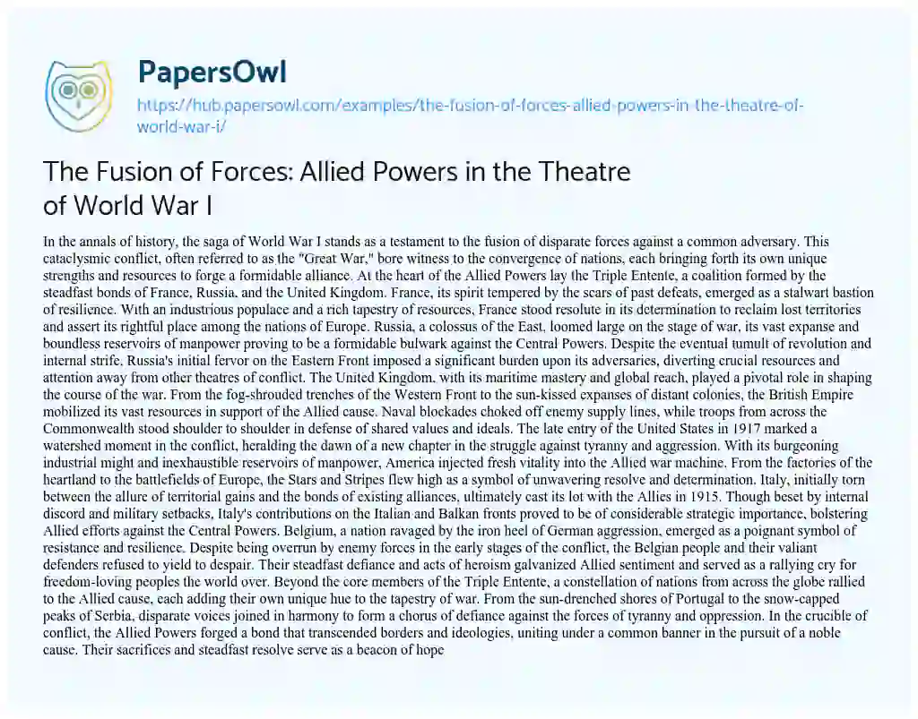 Essay on The Fusion of Forces: Allied Powers in the Theatre of World War I