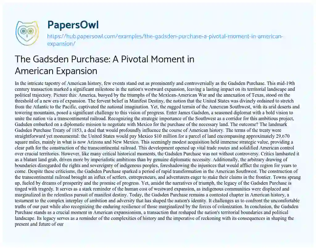 Essay on The Gadsden Purchase: A Pivotal Moment in American Expansion