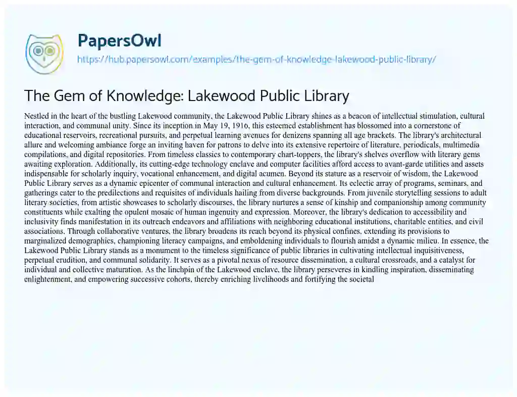 Essay on The Gem of Knowledge: Lakewood Public Library