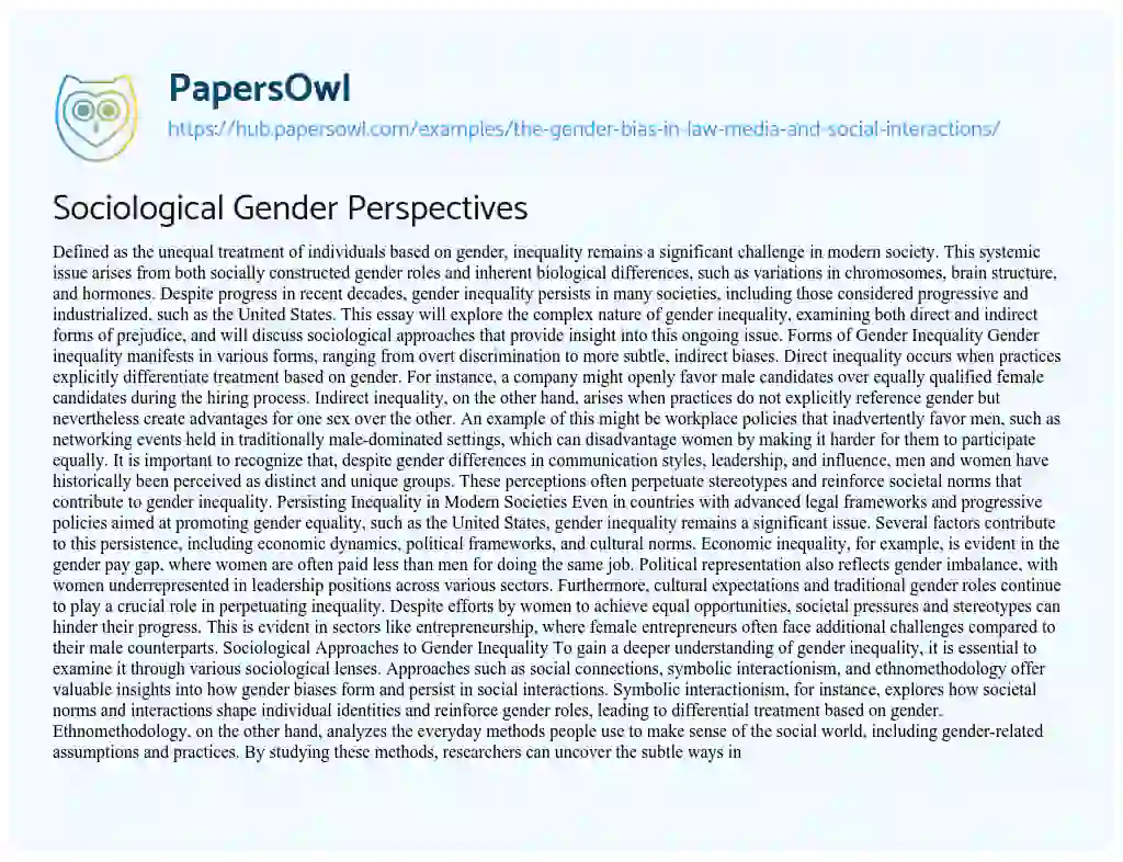 Essay on Sociological Gender Perspectives