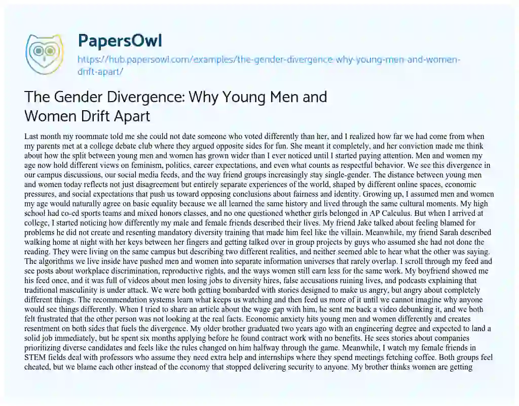 Essay on The Gender Divergence: Why Young Men and Women Drift Apart