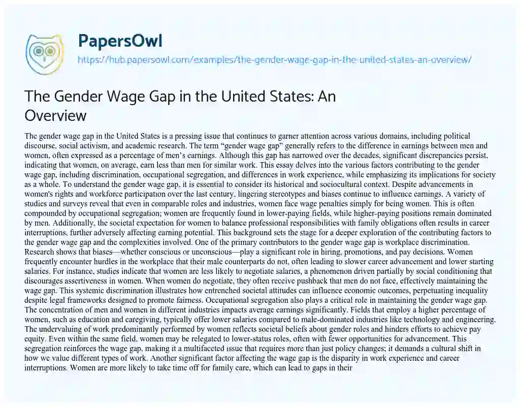 Essay on The Gender Wage Gap in the United States: An Overview