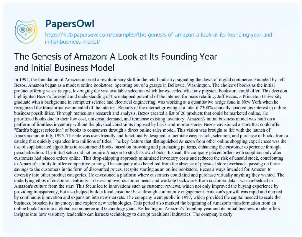 Essay on The Genesis of Amazon: A Look at Its Founding Year and Initial Business Model
