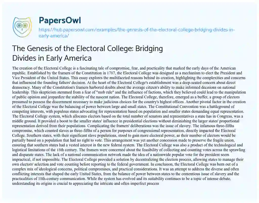 Essay on The Genesis of the Electoral College: Bridging Divides in Early America