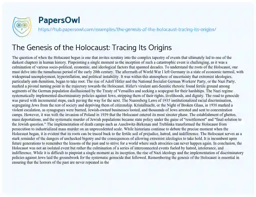 Essay on The Genesis of the Holocaust: Tracing Its Origins