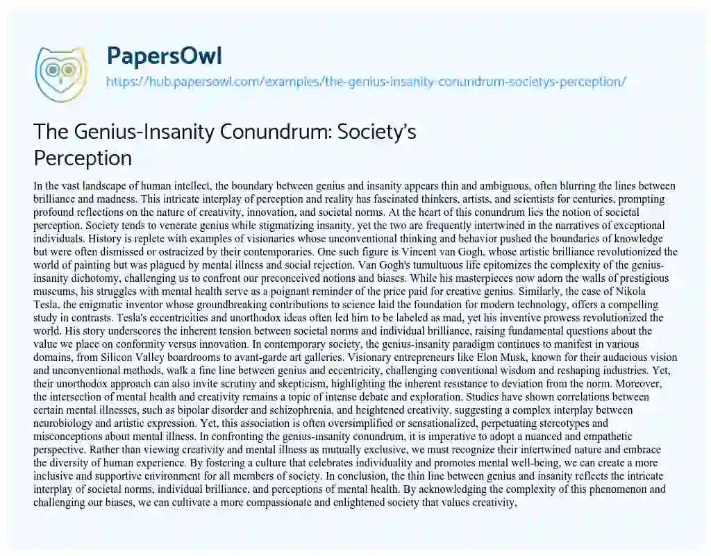 Essay on The Genius-Insanity Conundrum: Society’s Perception