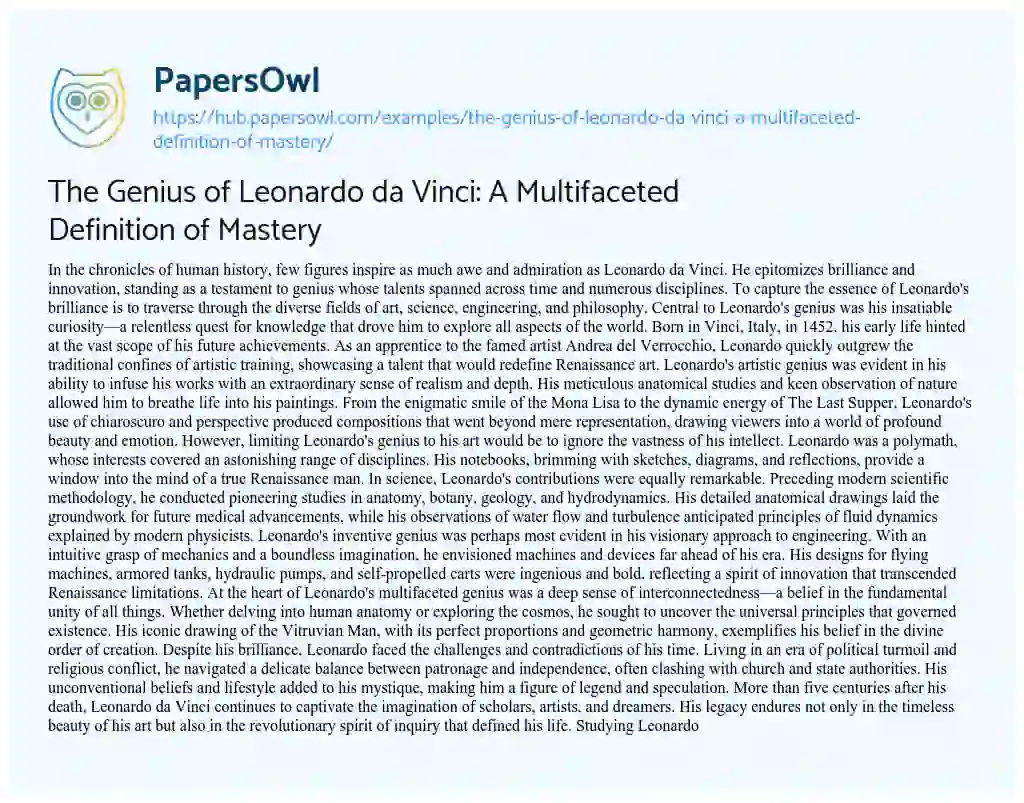 Essay on The Genius of Leonardo da Vinci: A Multifaceted Definition of Mastery
