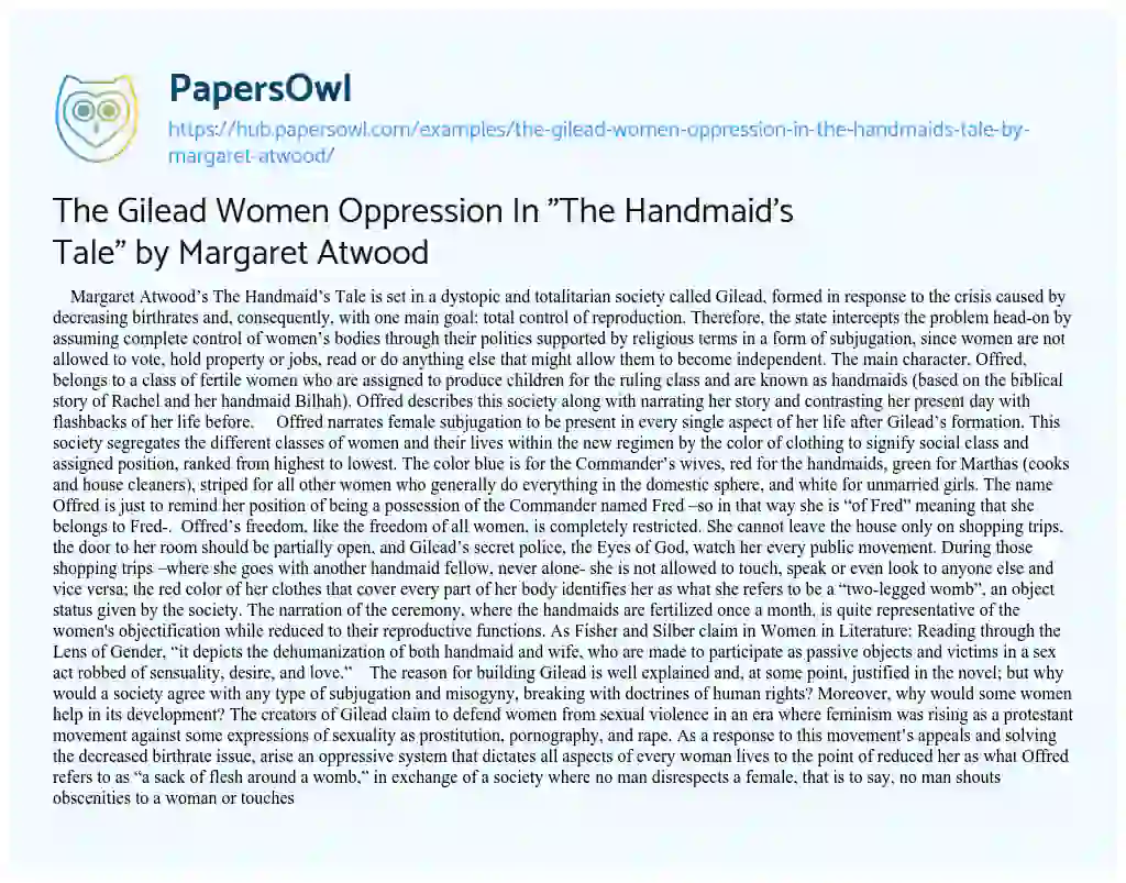 Essay on The Gilead Women Oppression In “The Handmaid’s Tale” by Margaret Atwood