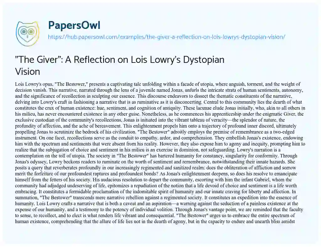 Essay on “The Giver”: A Reflection on Lois Lowry’s Dystopian Vision