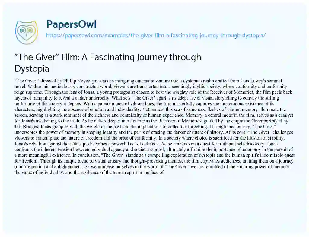 Essay on “The Giver” Film: A Fascinating Journey through Dystopia