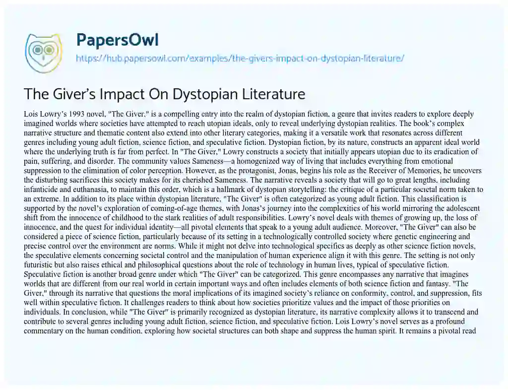 Essay on The Giver’s Impact On Dystopian Literature