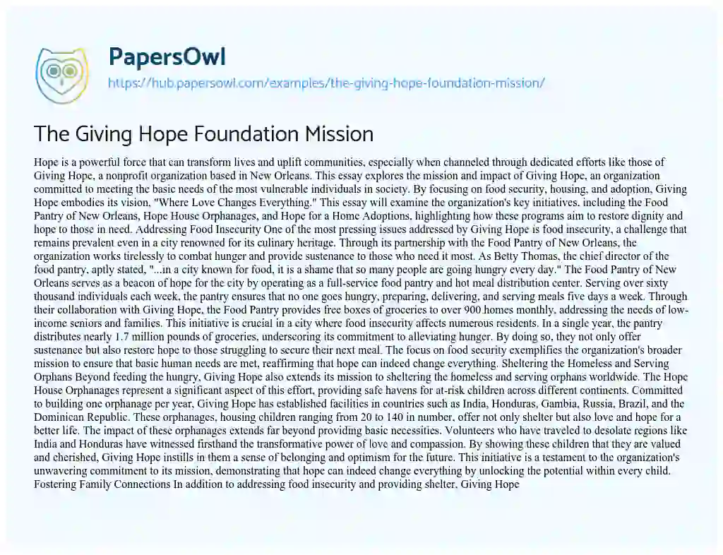 Essay on The Giving Hope Foundation Mission
