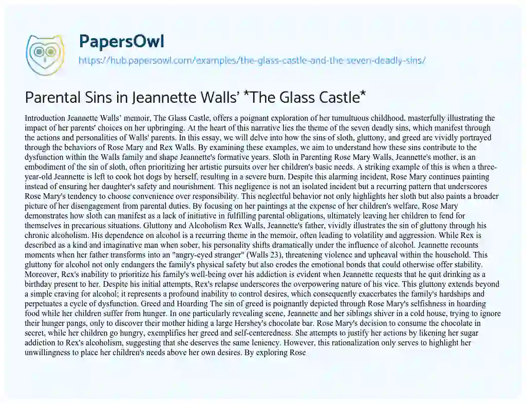 Essay on Parental Sins in Jeannette Walls’ *The Glass Castle*