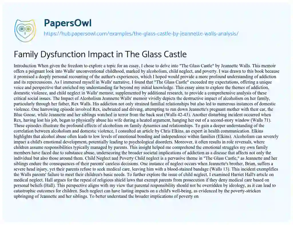Essay on Family Dysfunction Impact in The Glass Castle
