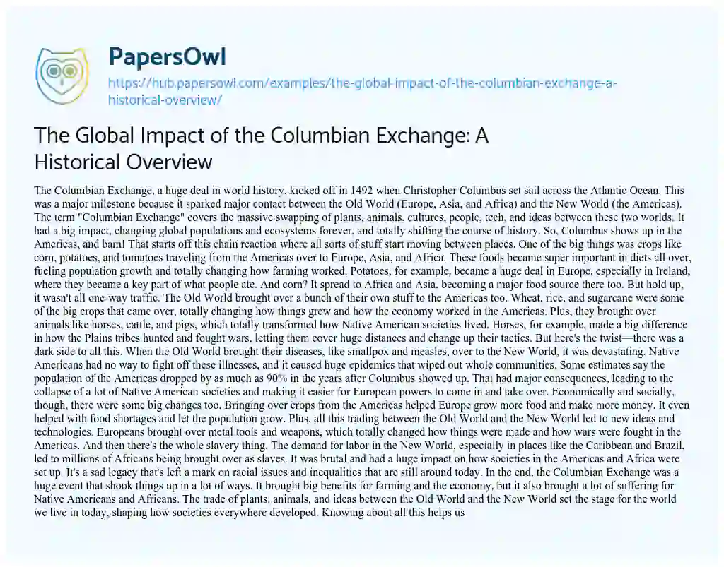 Essay on The Global Impact of the Columbian Exchange: A Historical Overview