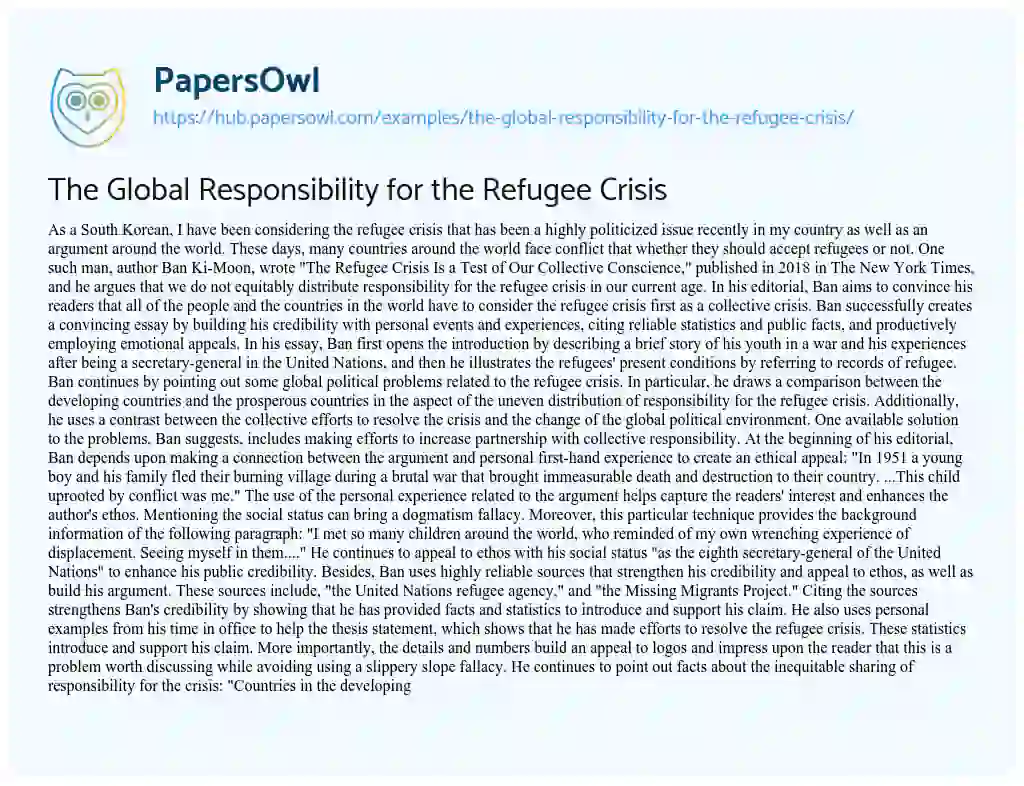 Essay on The Global Responsibility for the Refugee Crisis