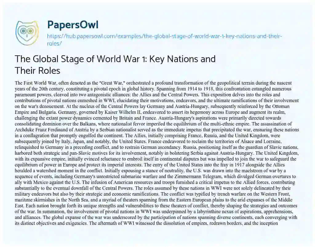 Essay on The Global Stage of World War 1: Key Nations and Their Roles
