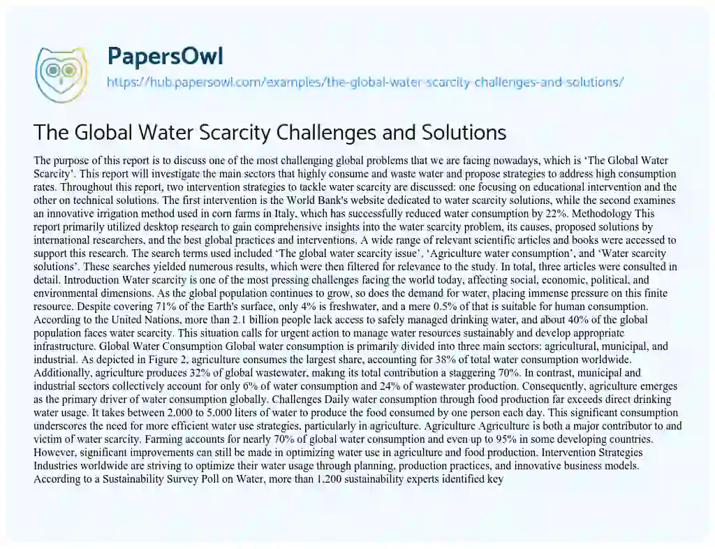 Essay on The Global Water Scarcity Challenges and Solutions