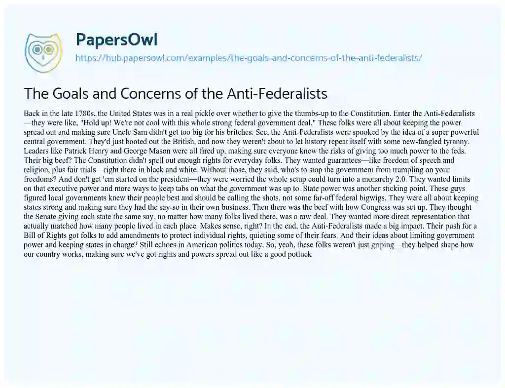 Essay on The Goals and Concerns of the Anti-Federalists