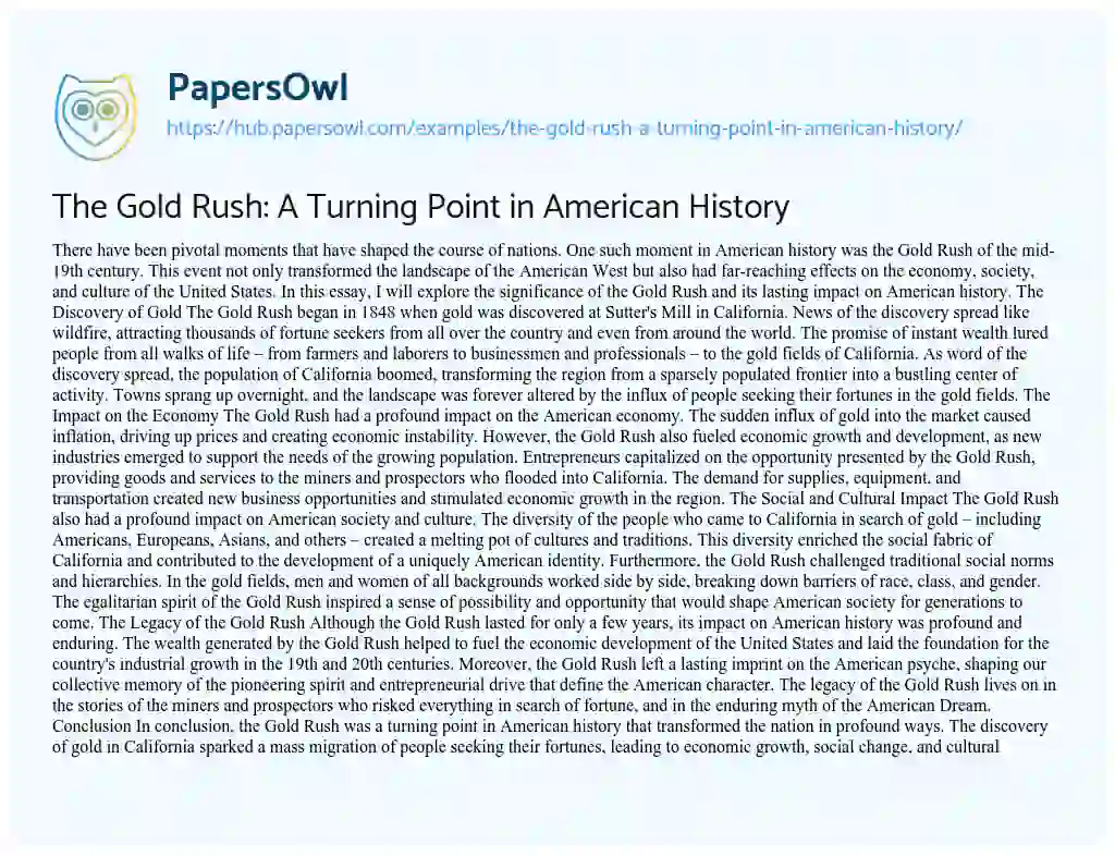 Essay on The Gold Rush: A Turning Point in American History