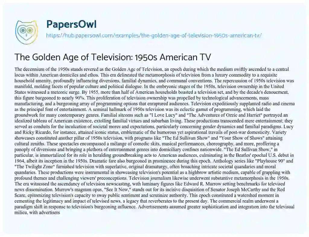 Essay on The Golden Age of Television: 1950s American TV