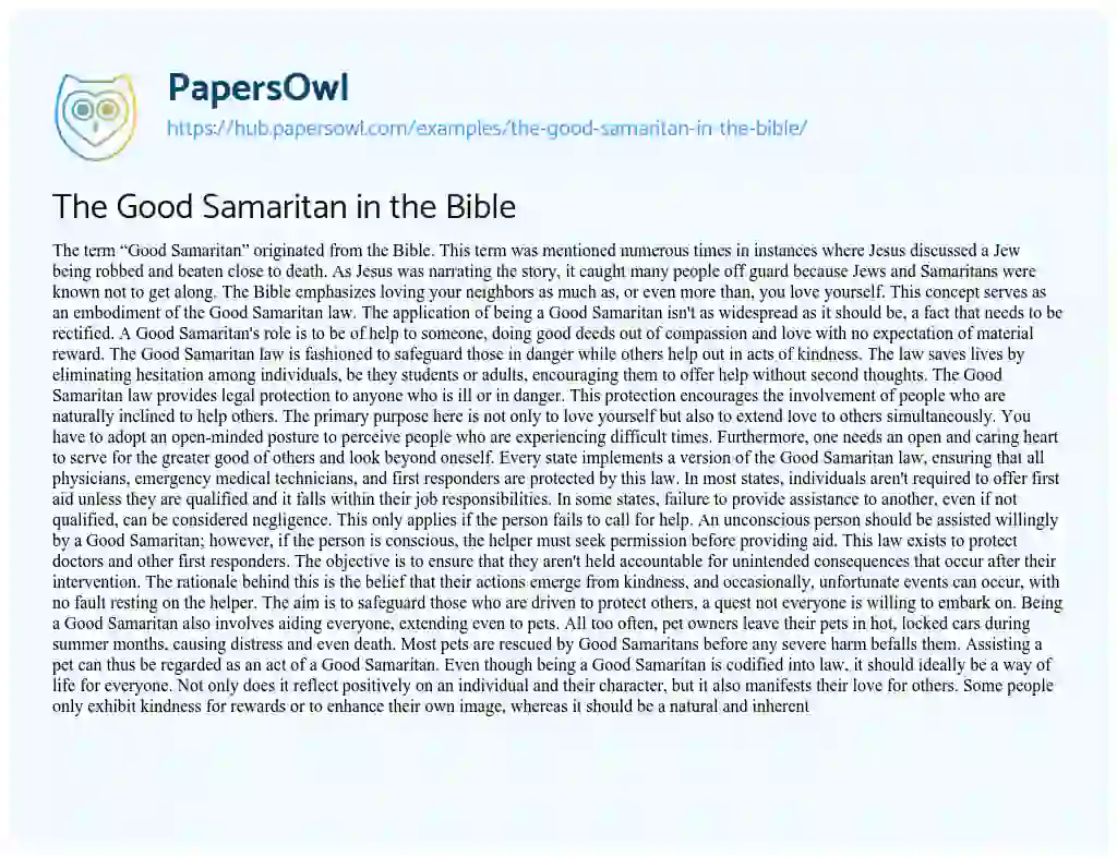 Essay on The Good Samaritan in the Bible