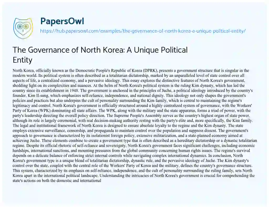Essay on The Governance of North Korea: A Unique Political Entity