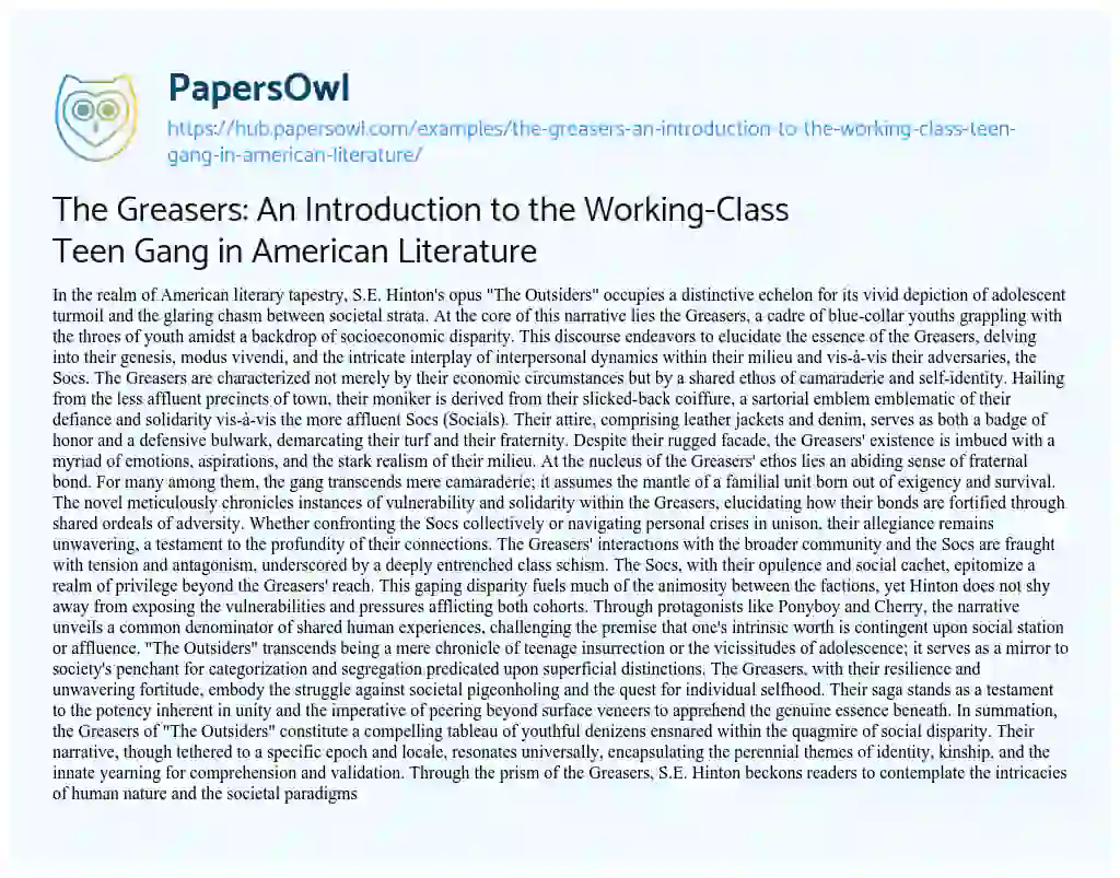 Essay on The Greasers: An Introduction to the Working-Class Teen Gang in American Literature