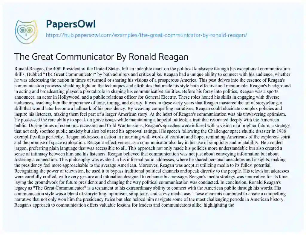 Essay on The Great Communicator By Ronald Reagan