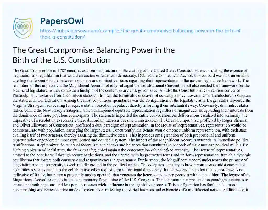 Essay on The Great Compromise: Balancing Power in the Birth of the U.S. Constitution