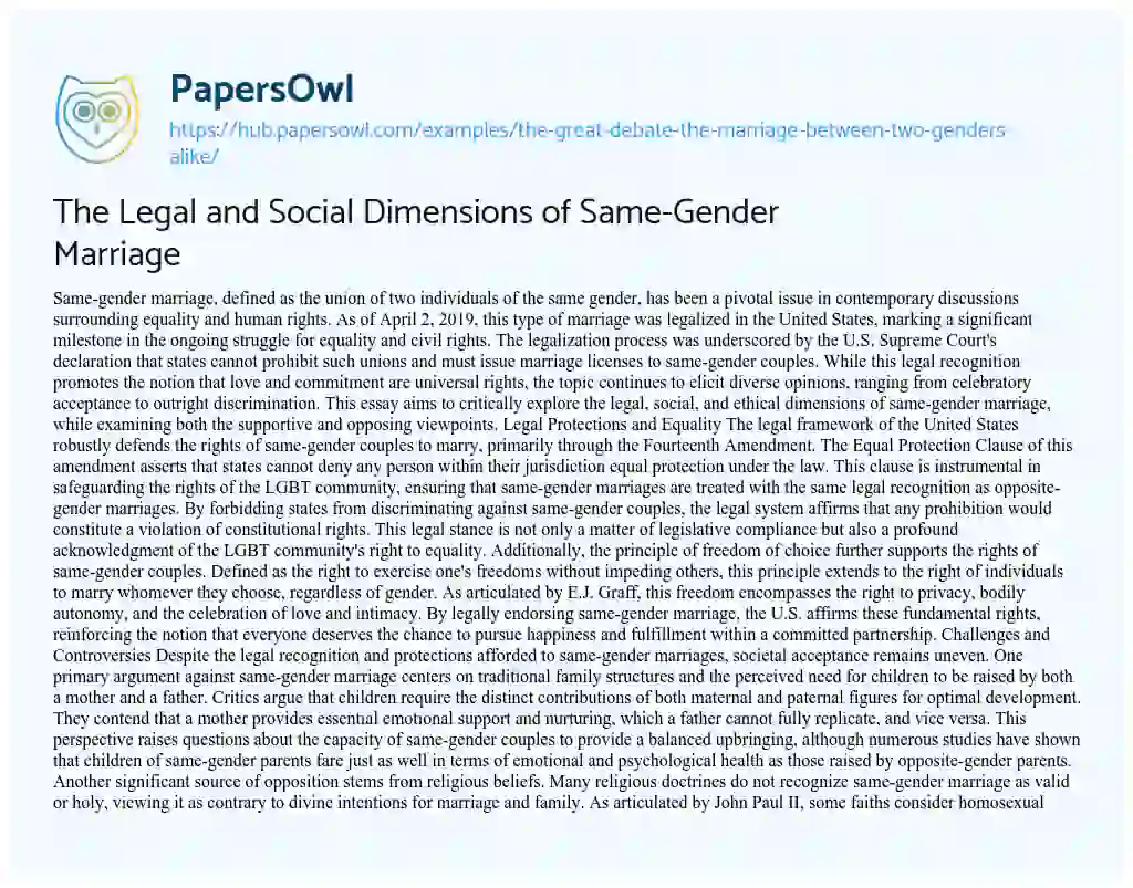 Essay on The Legal and Social Dimensions of Same-Gender Marriage