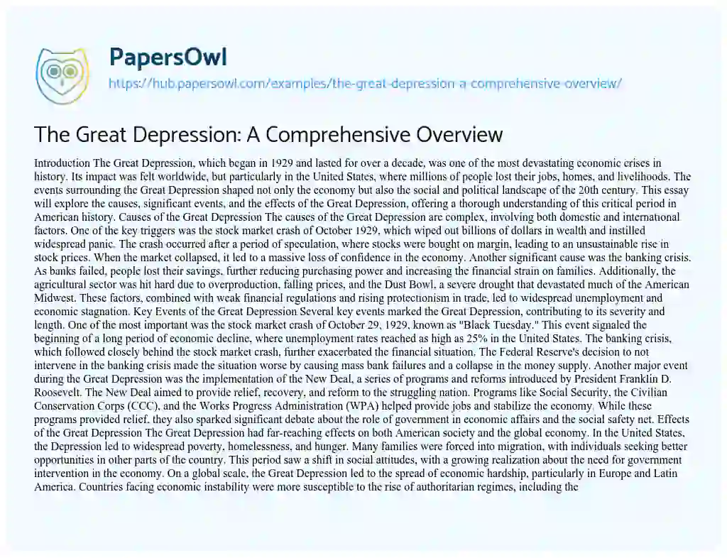 Essay on The Great Depression: A Comprehensive Overview