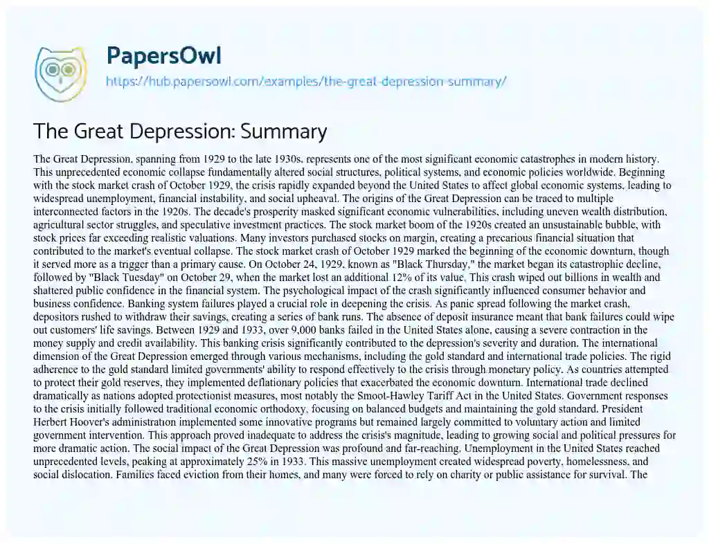 Essay on The Great Depression: Summary