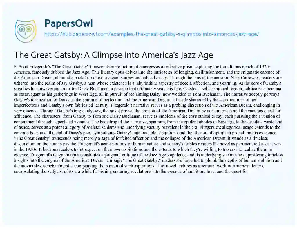 Essay on The Great Gatsby: A Glimpse into America’s Jazz Age