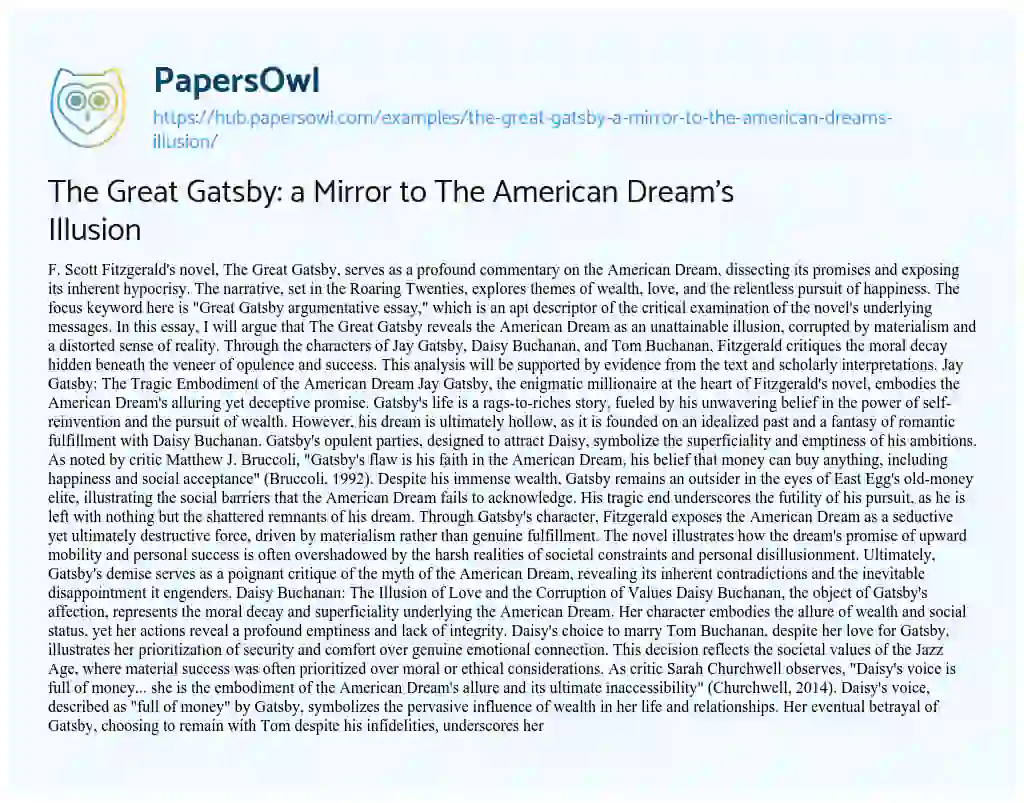 Essay on The Great Gatsby: a Mirror to The American Dream’s Illusion